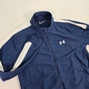 Under Armour Mens XL Track Jacket Navy Blue White Full Zip Athletic Warmup